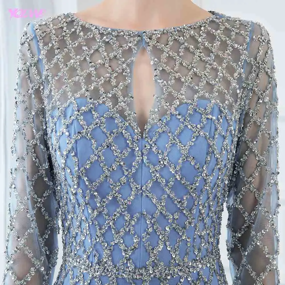 YQLNNE Blue Beaded Full Sleeve Evening Dresses Long Formal Women Evening Gown