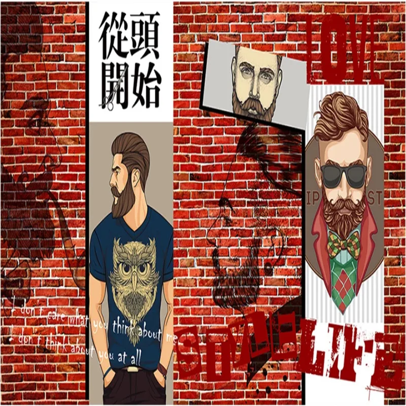 Personalized Custom Barber Shop Decor Mural Papel De Parede 3D Men's Hair Design Red Brick Background Wallpaper 3D Wall Paper