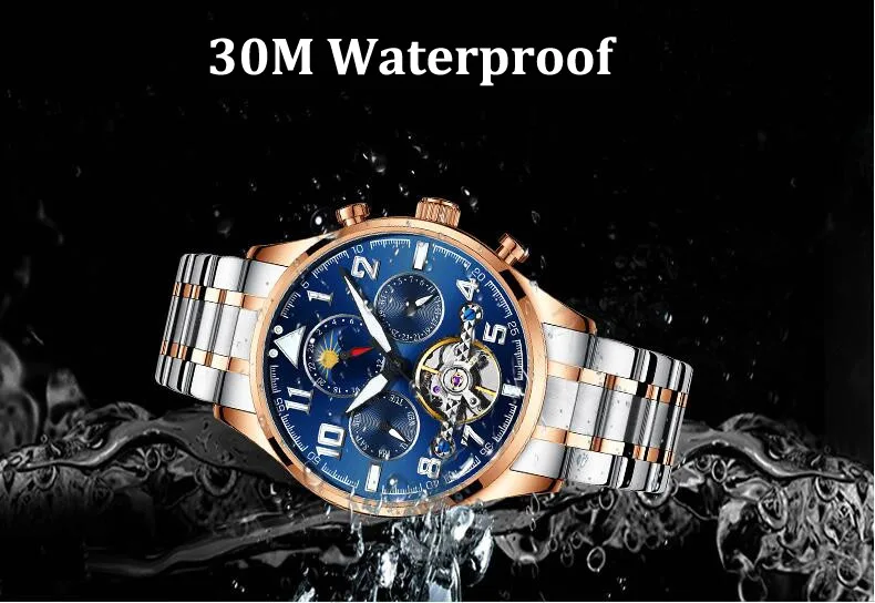 Многофункциональные часы tourbillon для мужчин люксовый бренд Moon фазный Автоматический Механические часы полый маховик мужские часы новые