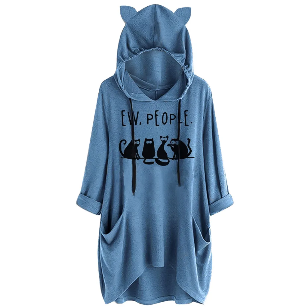 Plus Size Women Hoodies kawaii Cat Ears Hooded Sweatshirt Casual Loose With Pockets Hoody Pullover Long Sleeve Printed Sudadera - Цвет: Blue