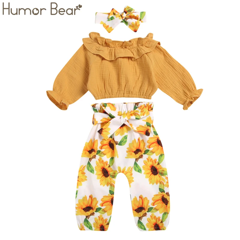 Humor Bear/Новинка года, весенне-осенние комплекты одежды для маленьких девочек комплект из 2 предметов, детский топ с цветочным рисунком+ платье, милая детская одежда с длинными рукавами - Цвет: BT130-yellow