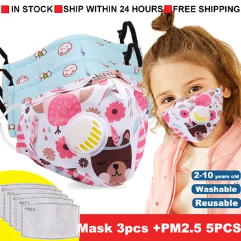 

New Fashion Cartoon Children Reusable Mask Set For Kids 2-10 Years Mouth Face Mask With 5 pcs PM2.5 Filters New Washable Mask