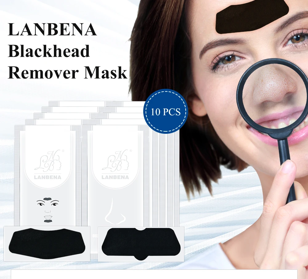 LANBENA, маска для удаления черных точек, Маска Для Носа+ подбородок, лоб, черная маска для головы, лечение акне, полоска пор, черная маска, пилинг, уход за кожей, 10 шт