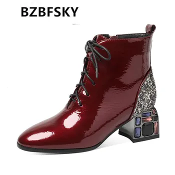 

Spring/Fall Shoes Woman 2021Ankle Boots Rhinestone Block Heel Soft Leather Boots Female Booties Sequins Zip Large Size BLACK