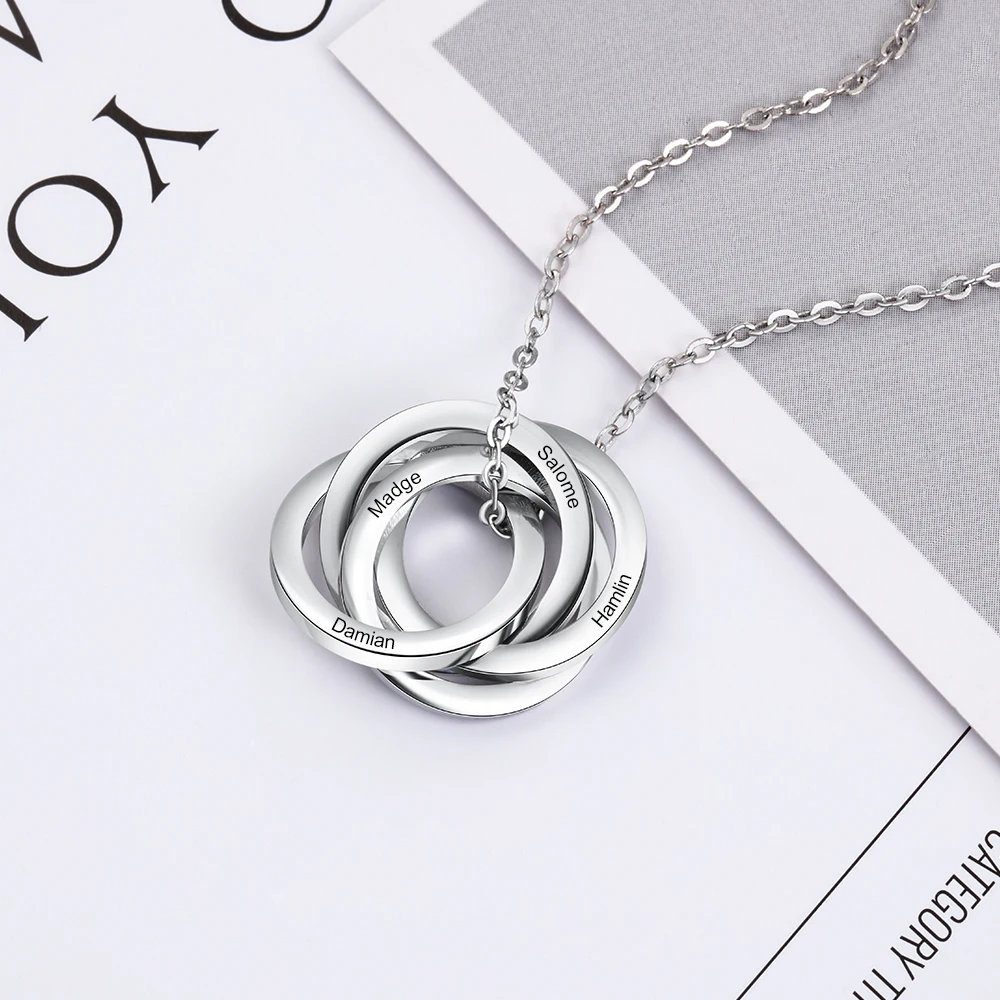 Personalized Family Necklace With 3-4 Names Stainless Steel Custom Engraved Russian Ring Necklace for Women Mother Grandmother