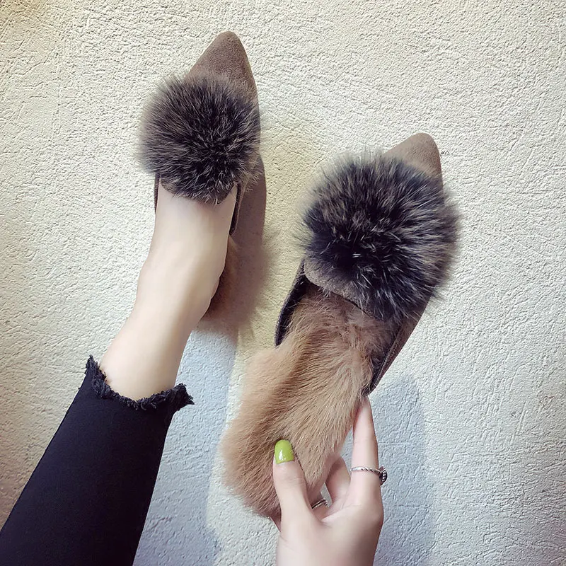 

Women's Slippers 2019 Shoes Cover Toe Flock Pokemon Plush Slides Fashion New Fur Soft Luxury Pointed Flat Rome Autumn