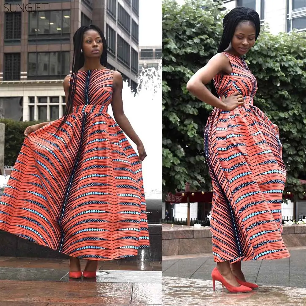 SUNGIFT Dashiki вечерние платья с круглым вырезом без рукавов сексуальное платье с открытой спиной и принтом африканская Роба длинное платье вечернее платье Vestidos