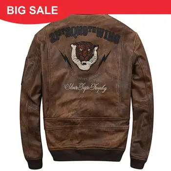 

2020 Vintage Brown Embroidery Pilot Leather Jacket Plus Size XXXXL Genuine Cowhide Autumn Slim Fit Military Aviator Leather Coat