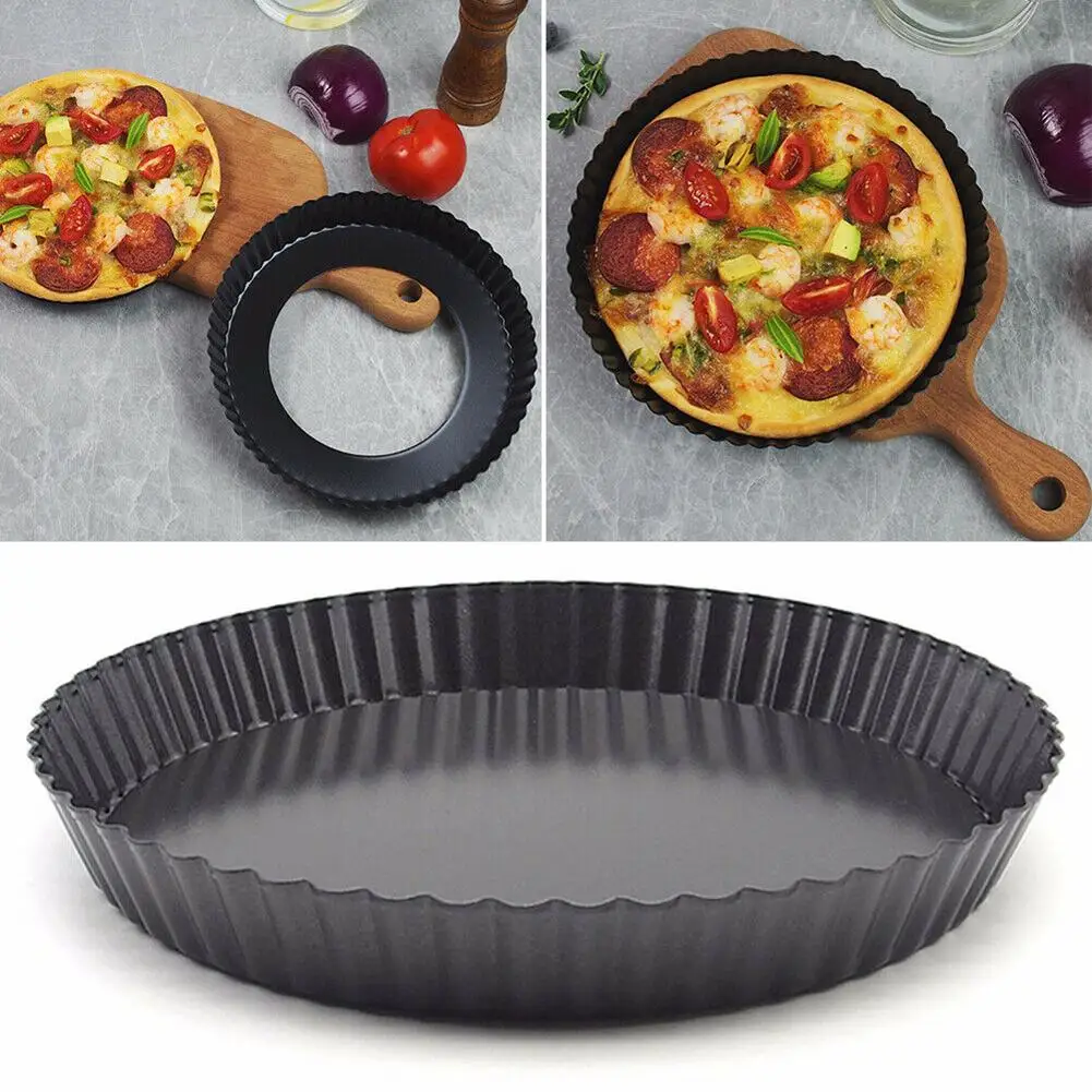 9 Inch Non-Stick Quiche Pan Pie Pizza Loose Bottom Pan Tray Baking Tool Black 