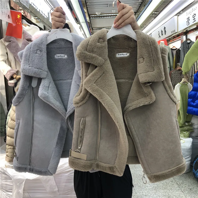 Меховой жилет женский осень зима короткий меховой жилет куртка корейский большой нагрудный мотоциклетный замшевый меховой жилет верхняя одежда