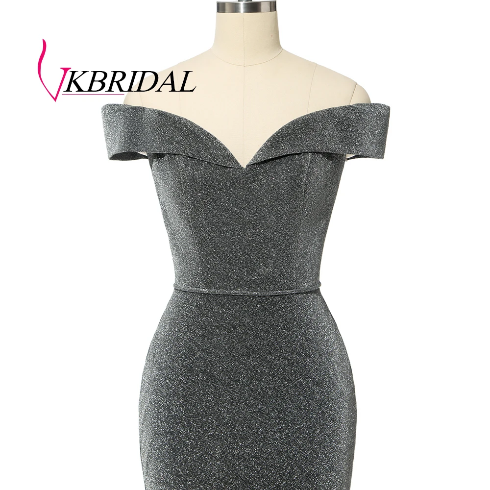 VKBRIDAL серое вечернее платье с открытыми плечами сексуальное блестящее платье с разрезом для выпускного вечера