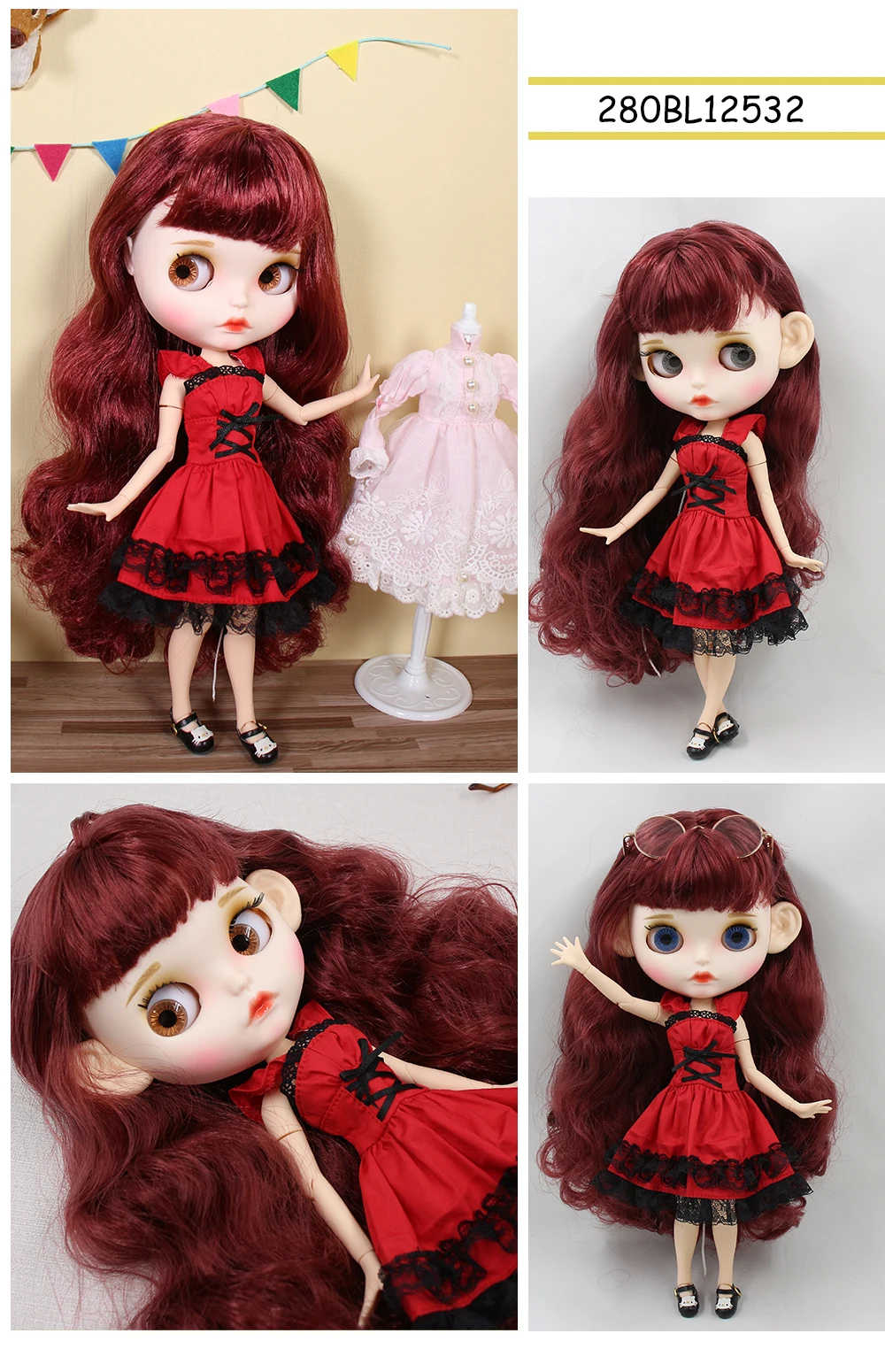 Lola – Premium Custom Neo Blythe Doll with Red Hair, White Skin & Matte Pouty Face 1