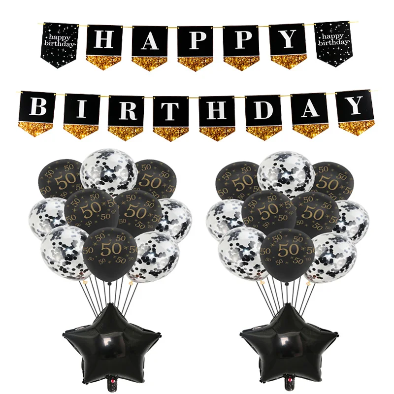 1Set Black 50 Золотой черный латексный шар баннер с цифрами С Днем Рождения флаг анниверсары 18 25 30 40 50 60 лет шарики в форме цифр Globos - Цвет: 1Set Black 50