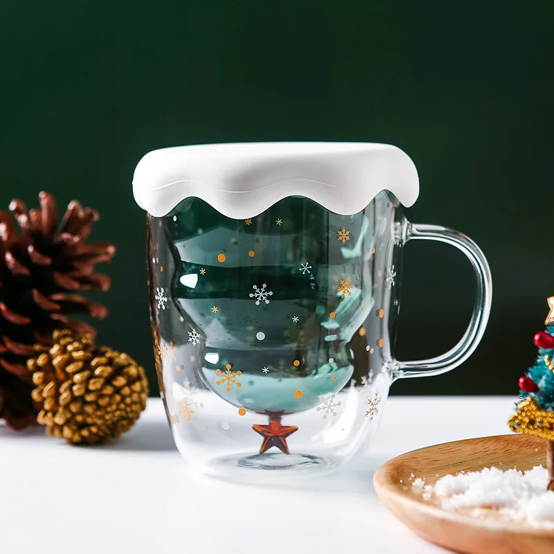 Weihnachtstasse Mit Funkelndem Baum-Design – 380 Ml, Doppelwandig Aus Borosilikatglas, Festliches Geschenk