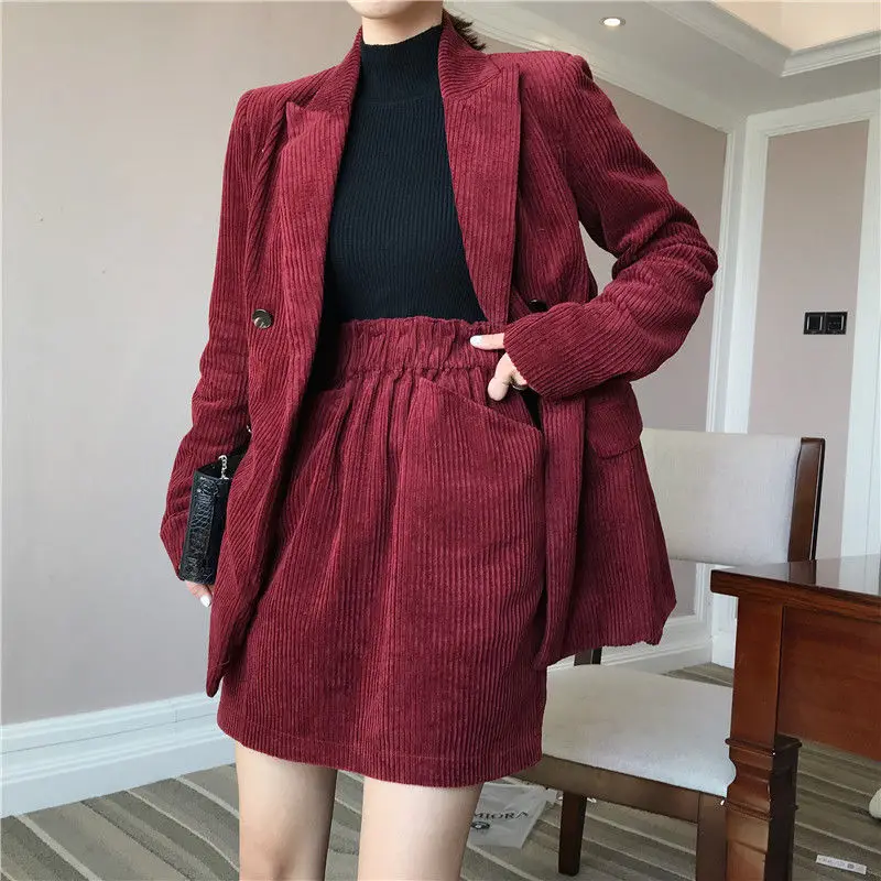 JuneLove Autumn Solid Women Elegant Corduroy Blazer OL Notch Collar Jacket Female Wine Red Double Breasted Coats Outwears Bottom - Цвет: skirts