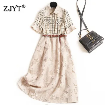 

Plaid Dress Women 2020 New Fashion Summer Dresses Short Sleeve Elegant Patchwork Casual Mesh Dress with Belt