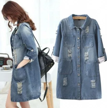 

2020 Spring And Autumn New Style Jeans Coat Women's Mid-length Korean-style Loose-Fit with Holes Cowboy Clothing Fashion