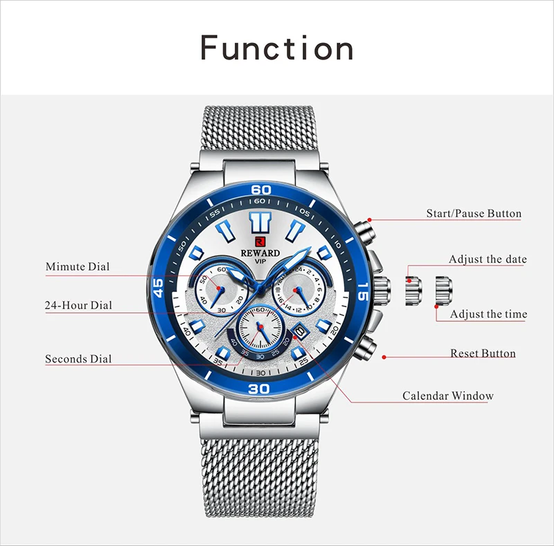 REWARD Top Brand Luxury Big Chronograph Men Watches Blue Gold Male Wristwatch Man