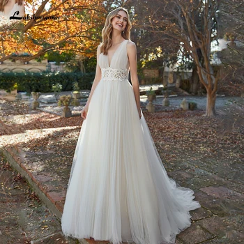 Lakshmigown-vestidos de novia elegantes bohemios, para bodas, escote en V, abito, sposa, scivolato, tul, playa, vestido de novia