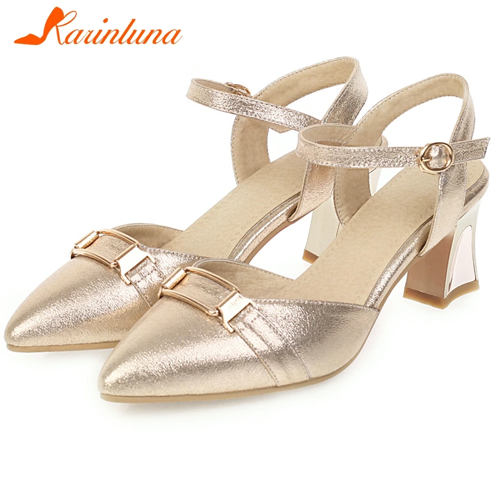 

KARINLUNA Fashion Lady Buckle Strap Dance Sandals Summer Pointed Toe Metal Decoration Golden Sandals Women Party Shoes Woman