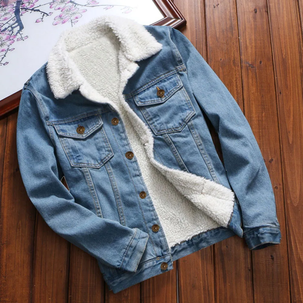 Women Denim Jacket With Fur Autumn Winter Warm Upset Vintage Long Sleeve Loose Jeans Coat Outwear #LR2 | Женская одежда