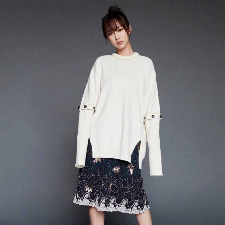 

2019 Autumn New Star The Same Round Collar White Open-fork Sweater Women Lazy-style Fashion Sweater Women Sweaters