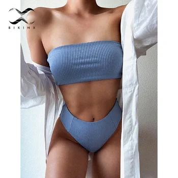 

Ribbed bandeau bikini set Sexy women's swimsuit solid Female biquine High waist micro bikini 2020 Push up swimwear Bathing suit