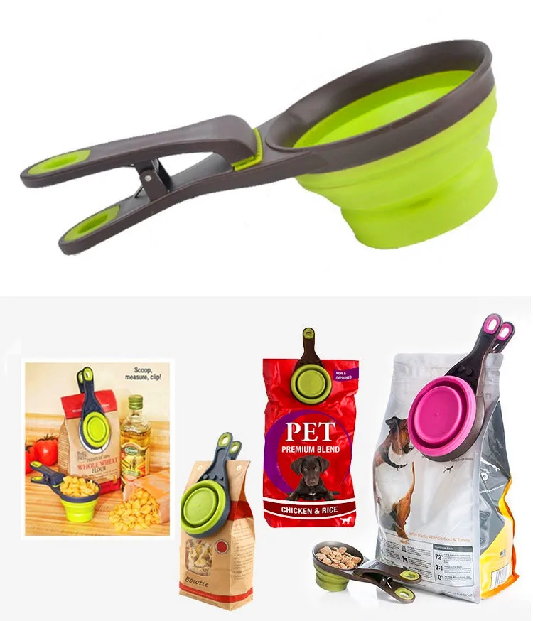 Alimentador multifuncional para gatos y perros, cuchara medidora de comida, Clip de almacenamiento, suministros para Gato y perros, 118ml / 237ml