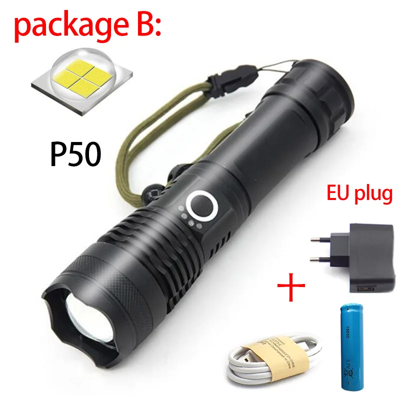 Супер мощный светодиодный XHP50 xhp70.2 светодиодный фонарик 18650 usb Перезаряжаемые тактический вспышка прожектор лампа фонарь с масштабированием факел p50 - Испускаемый цвет: package B EU plug