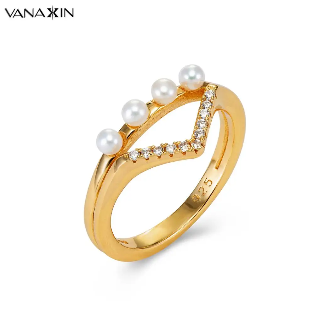 VANAXIN 925 пробы серебряные кольца для женщин натуральный жемчуг AAA кубический цирконий модные украшения для женщин 3 м золотой цвет свадебный подарок