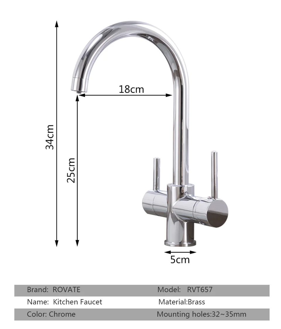 ROVATE 3-Way Sink Faucet Purified Water Hot and Cold Mixer Tap, Dual Handle Drinking Water Filter Kitchen Faucet Deck Mounted