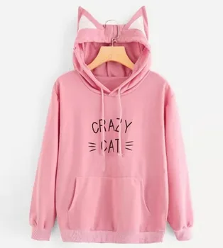 

Spring Autumn Hoodies Women Sweat Cat Ear Hooded Sweatshirt Casual Sports Tracksuit Pink Print Letter Kawaii Pullovers Tops