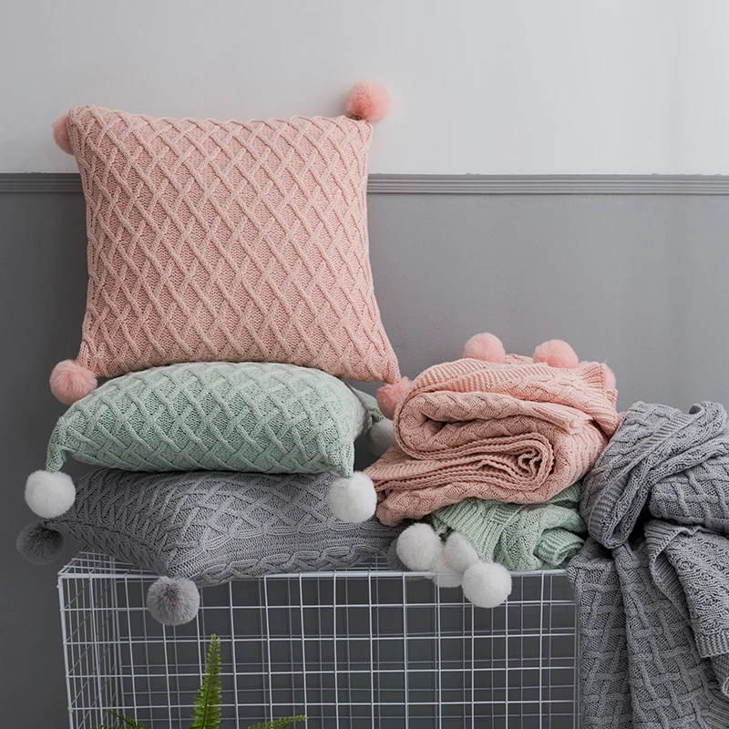 Knit Cushion Cover Vintage Pink Grey Light Green Solid Pillow Case  45cm*45cm Soft With Pom Pom Ball Nursery Room decoration