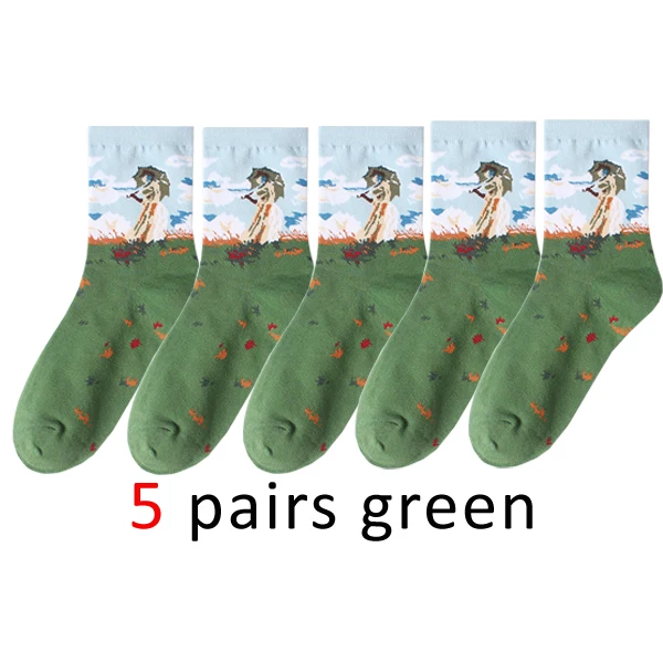WHLYZ YW 5 пара/лот, мужские носки из чесаного хлопка, цветные носки Ван Гога, Ретро стиль, масляная живопись, Крутое повседневное платье, забавное праздничное платье, носки-лодочки - Цвет: Зеленый