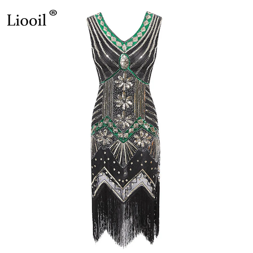 Black Green Liooil, винтажное, с блестками, с кисточками, сексуальное, бодикон, миди платье размера плюс, женское,, без рукавов, v-образный вырез, облегающие платья, женские, вечерние, для ночного клуба - Цвет: Black Green