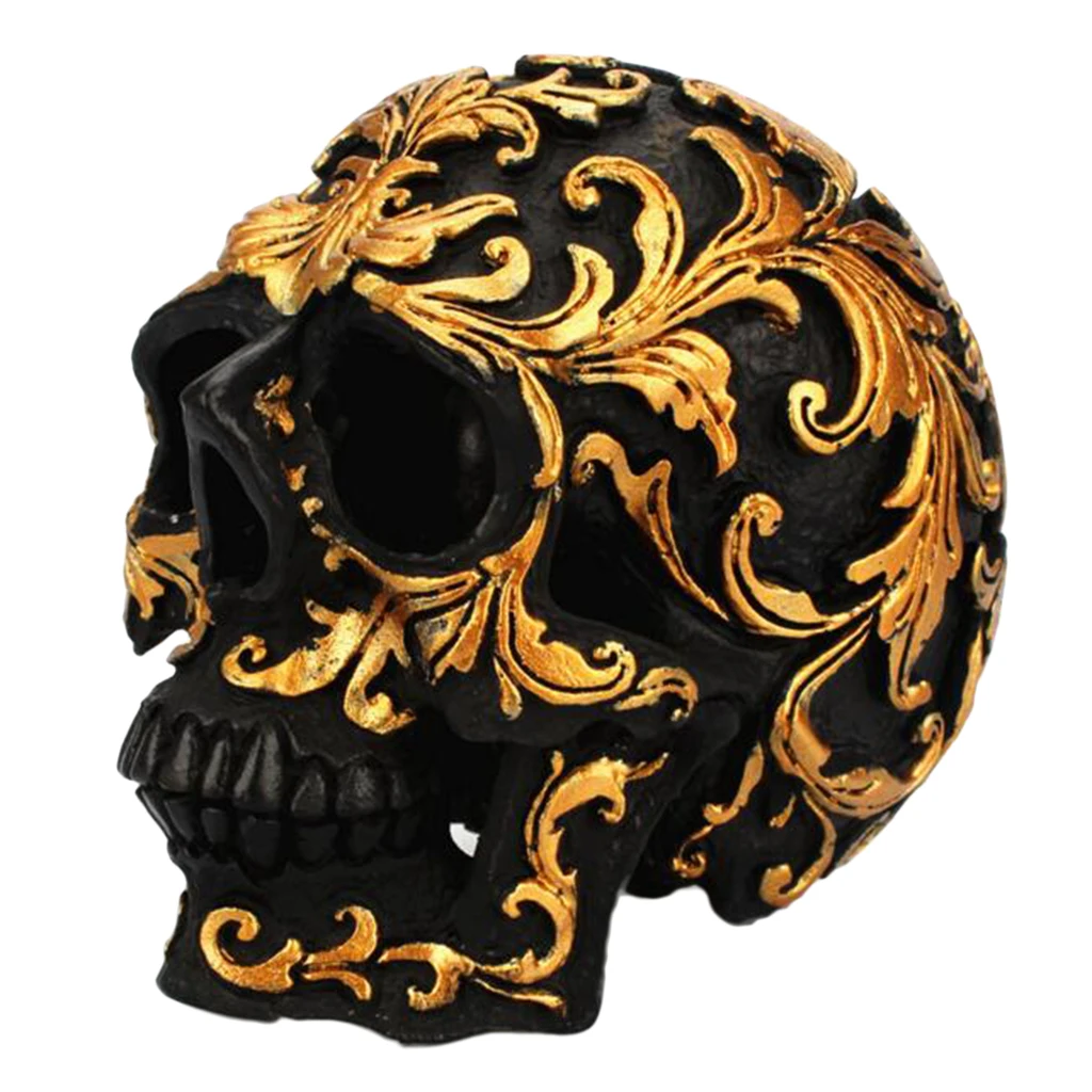 Resin Halloween Resin Skull Statue Skull Head Sculpture with Golden Flower Sign, Suitable for Home Office Table Decoration