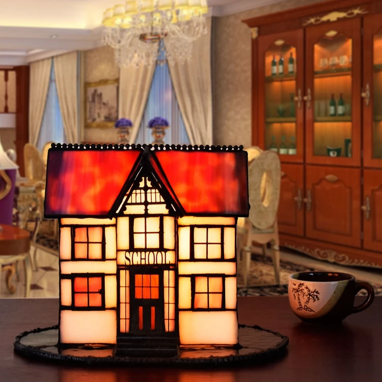 

Stained Glass House Table Lamps Tiffany Bedroom Bedside Lights Small Night Light for Bar Decoration Glass Desk Lamp