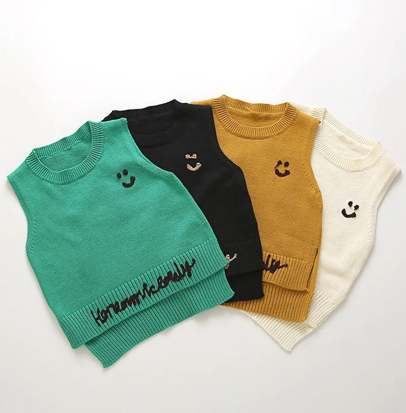 

2019 Spring Kids' Sweater Korean-style Fashion Men And Women Children Knitted Sweater Vest Smiley Baby Crew Neck Sweater