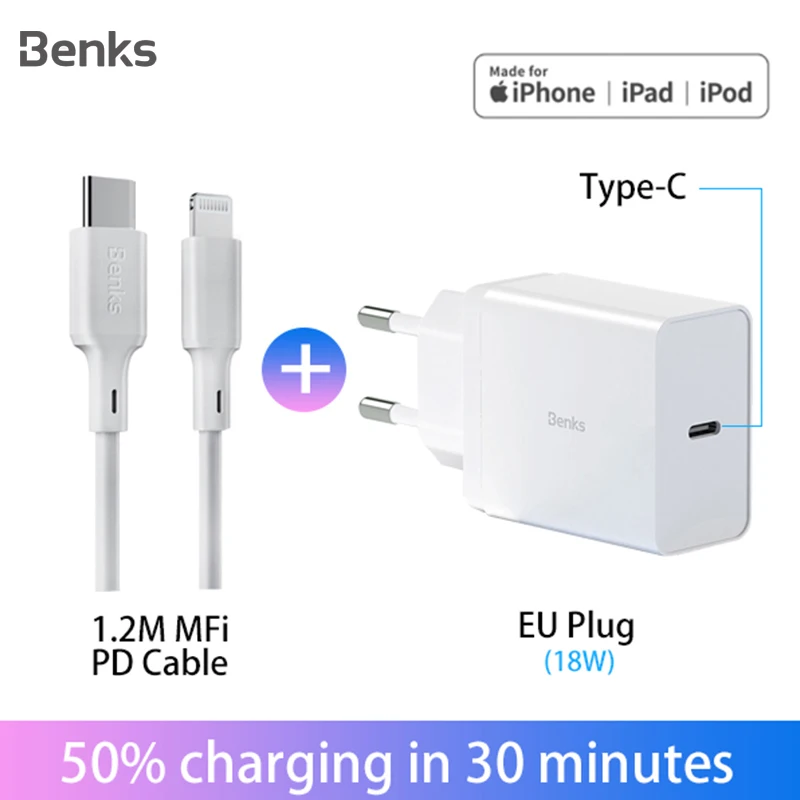 

Benks MFi PD Cable For iPhone 11 Pro MAX X XR XS 8Plus Type C To Lightning Phone Cables Fast Charging EU/Car PD Charger Adapter