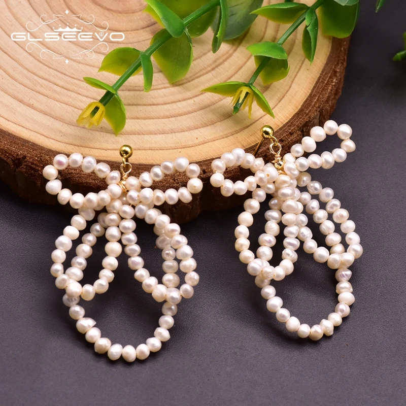 

GLSEEVO Handmade Fresh Water Pearls Bow-knot Hyperbole Dangle Earrings For Girls Wedding Cute Jewellery For Women Brincos GE0953