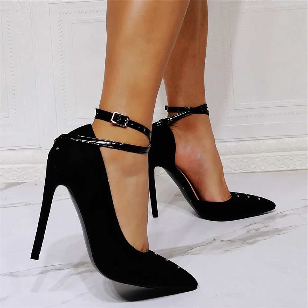 Kolnoo Ladies Real Photos Stiletto Heels Pumps Buckle Ankle Strap Kid-Suede Pointed-Toe Dress Shoes Daily Wear Fashion Shoes
