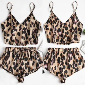 

Leopard Sleepwear on for Women Sexy Sleepwear Satin Lingerie Lace Nightwear Tops Shorts Set Female Underwear Lingeire