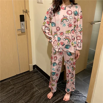

Women Cat Pattern Pajamas Set Spring Autumn Ladies Long Sleeve Long Pants 2pcs Sleepwear Round Neck Loose Leisure Wear S298