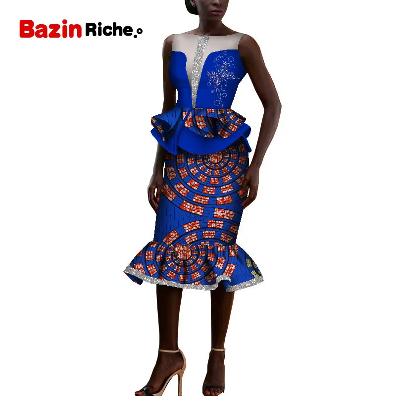 4 Африканская Дашики, одежда, элегантная женская юбка, комплект femme Bazin Riche, хлопок, плюс размер, два предмета, горячая буровая отделка, wy5403 - Цвет: 4