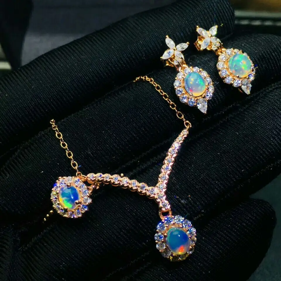 Серьги и кольцо MeiBaPJ из натурального опала ожерелье для женщин серебро 925 пробы