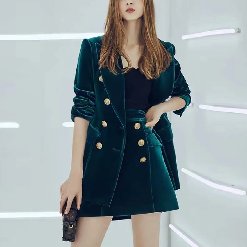 

HIGH QUALITY New Fashion 2019 Designer Suit Set Women's Elegant Gold Buttons Solid nDark Green Jacket Blazer And Skirt Sets
