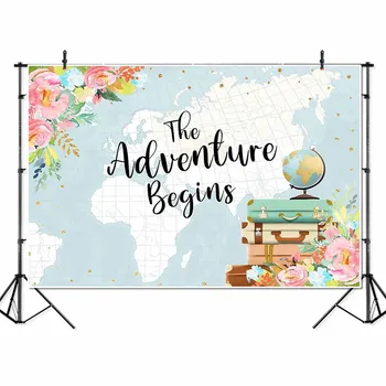 

NeoBack Adventure Begins Backdrop Oh The Places You'll Go Baby Shower Photo Backdrops Woprld Map Flower Photography Background