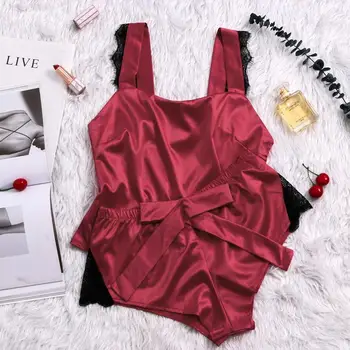 

Women Ladies Sexy-Lingerie Summer Sleepwear Sleeveless Satin Silk Babydoll Lace Up Nightwear Pajamas Set robe de nuit femme N20