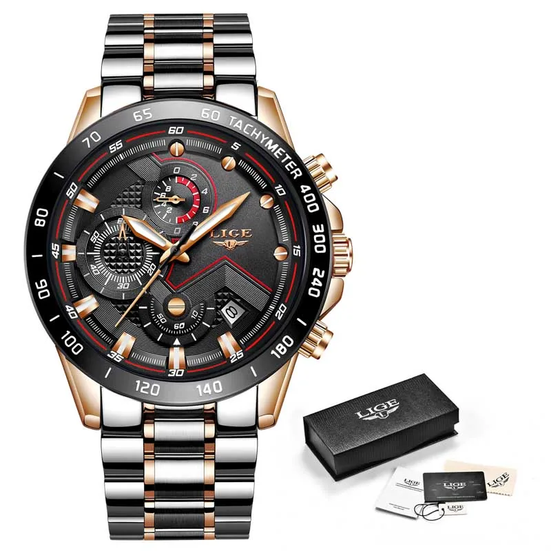 Rose gold black LIGE новые модные мужские часы с нержавеющей сталью, Топ бренд, роскошные спортивные кварцевые часы с хронографом, мужские часы - Цвет: Rose gold black
