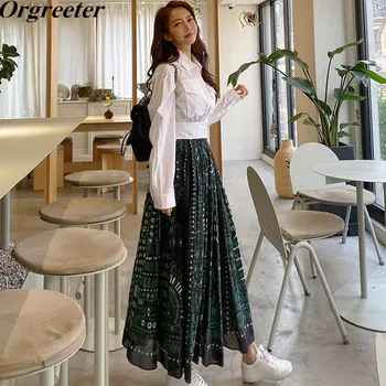 

Runway Designer Fashion Summer 2 Piece Elephant Print Pleated Skirt set Women White Shirt and Skirt Korean OL Casual Sets